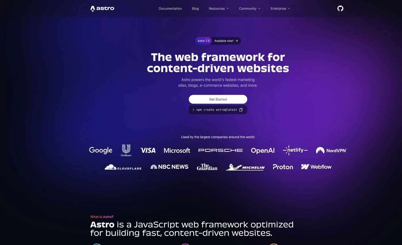 Página oficial de Astro, el framework con el que montamos webs rápidas y de contenido.