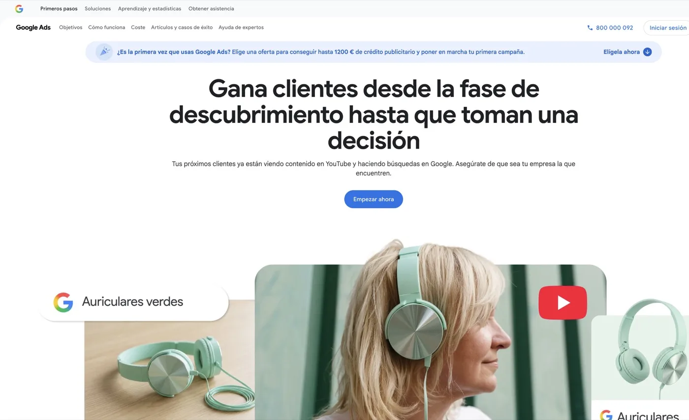 The public Google Ads page, where ads on Search and YouTube are bought.
