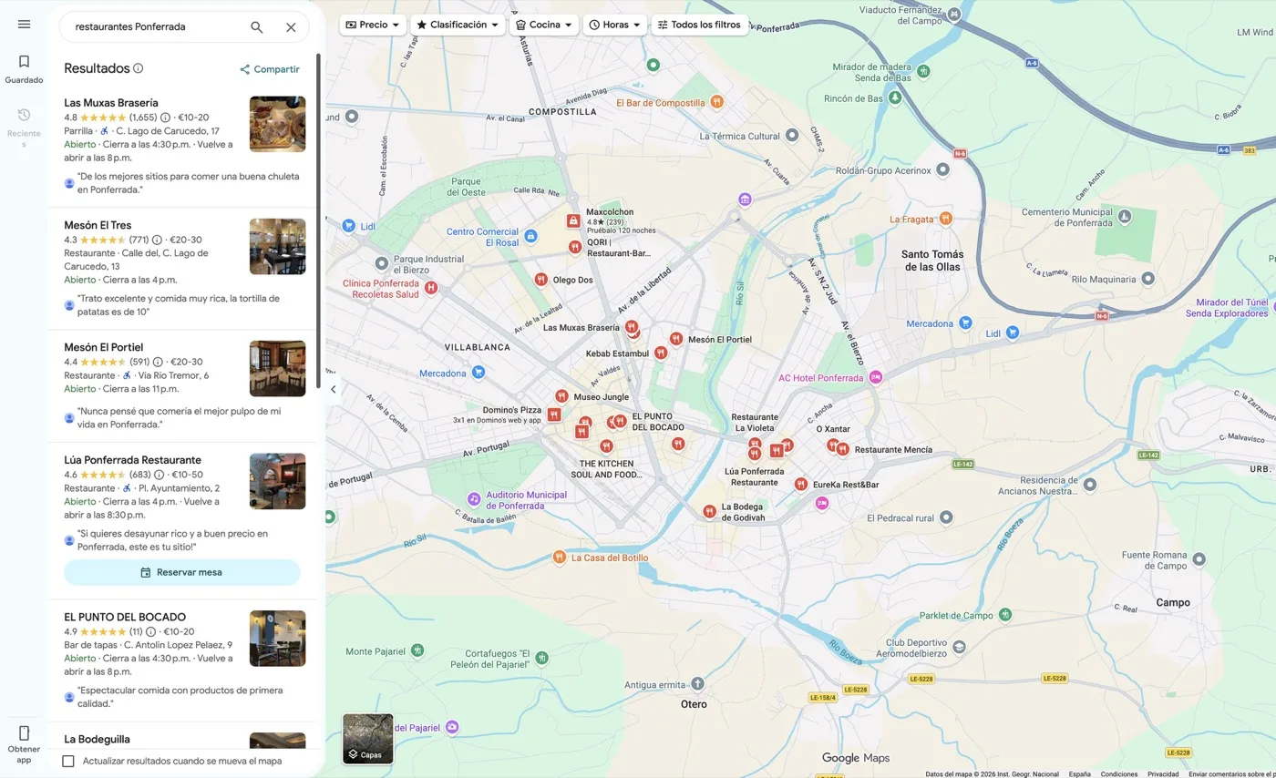 Public Google Maps search for restaurants in Ponferrada, showing the business listing, star ratings and the map.