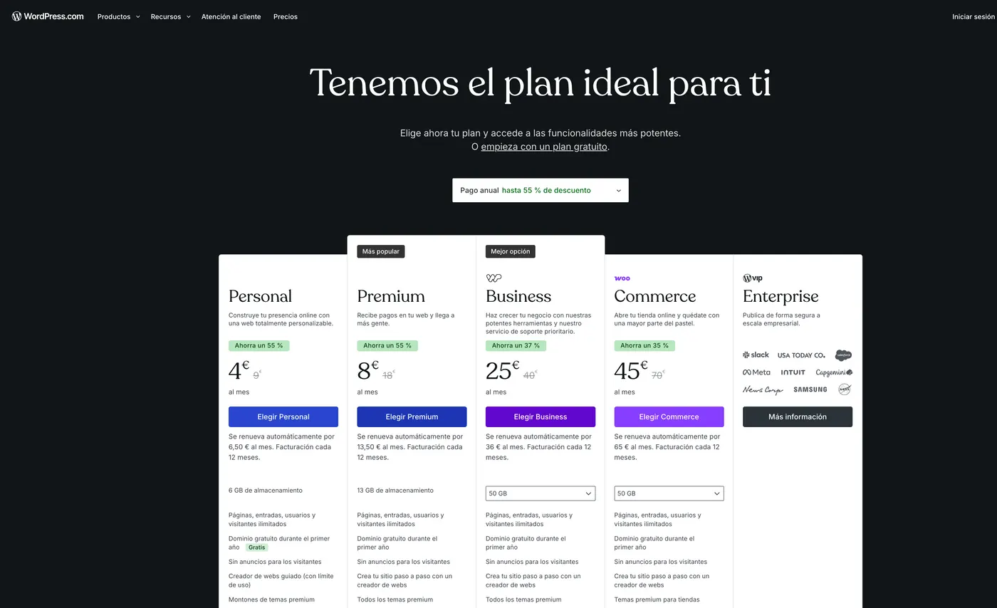 The public WordPress.com pricing page, with monthly plans in euros. An example of a recurring fee versus a custom quote.