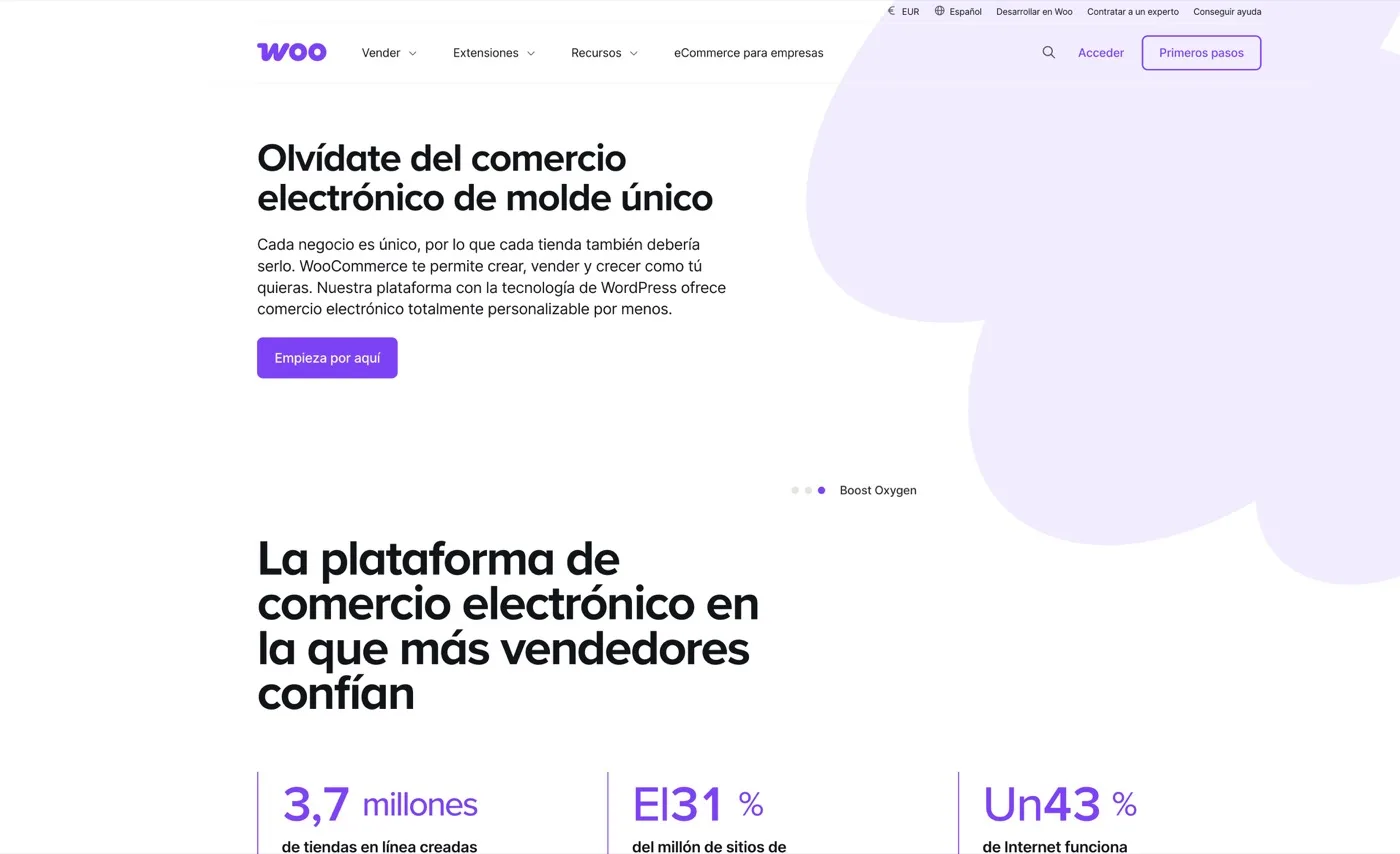 Página oficial de WooCommerce, la tienda online que se monta sobre WordPress.