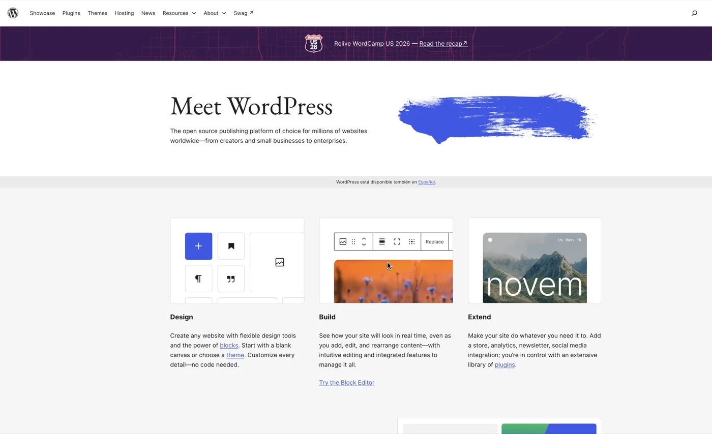 Página oficial de WordPress.org, con las secciones de diseño, editor de bloques y plugins.